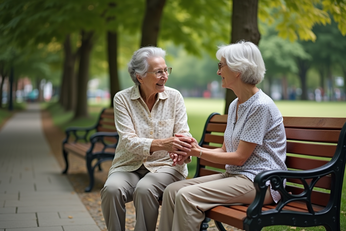 Femme âgée et fille discutant sur un banc dans un parc