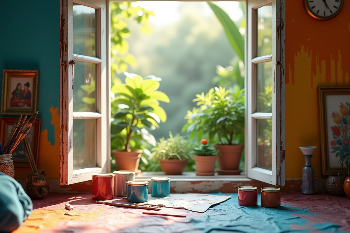 Fenêtre ouverte dans une pièce colorée avec pots de peinture et plantes vertes