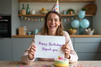 Femme souriante avec chapeau de fete et carte d anniversaire