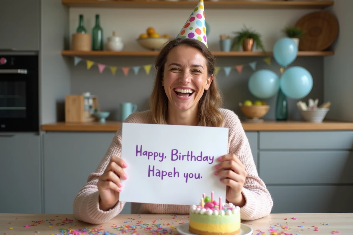 Femme souriante avec chapeau de fete et carte d anniversaire