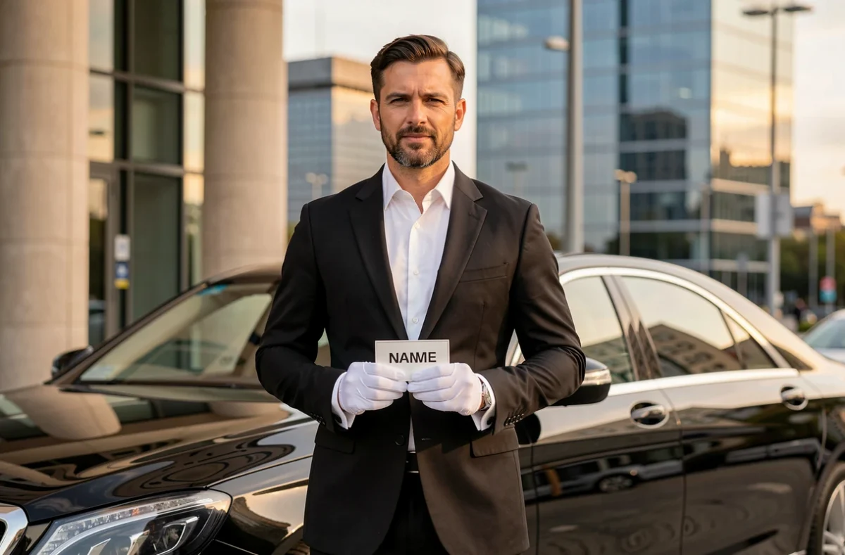 Chauffeur VTC prestige First Class Partner en costume noir tenant une pancarte devant une berline de luxe à Paris