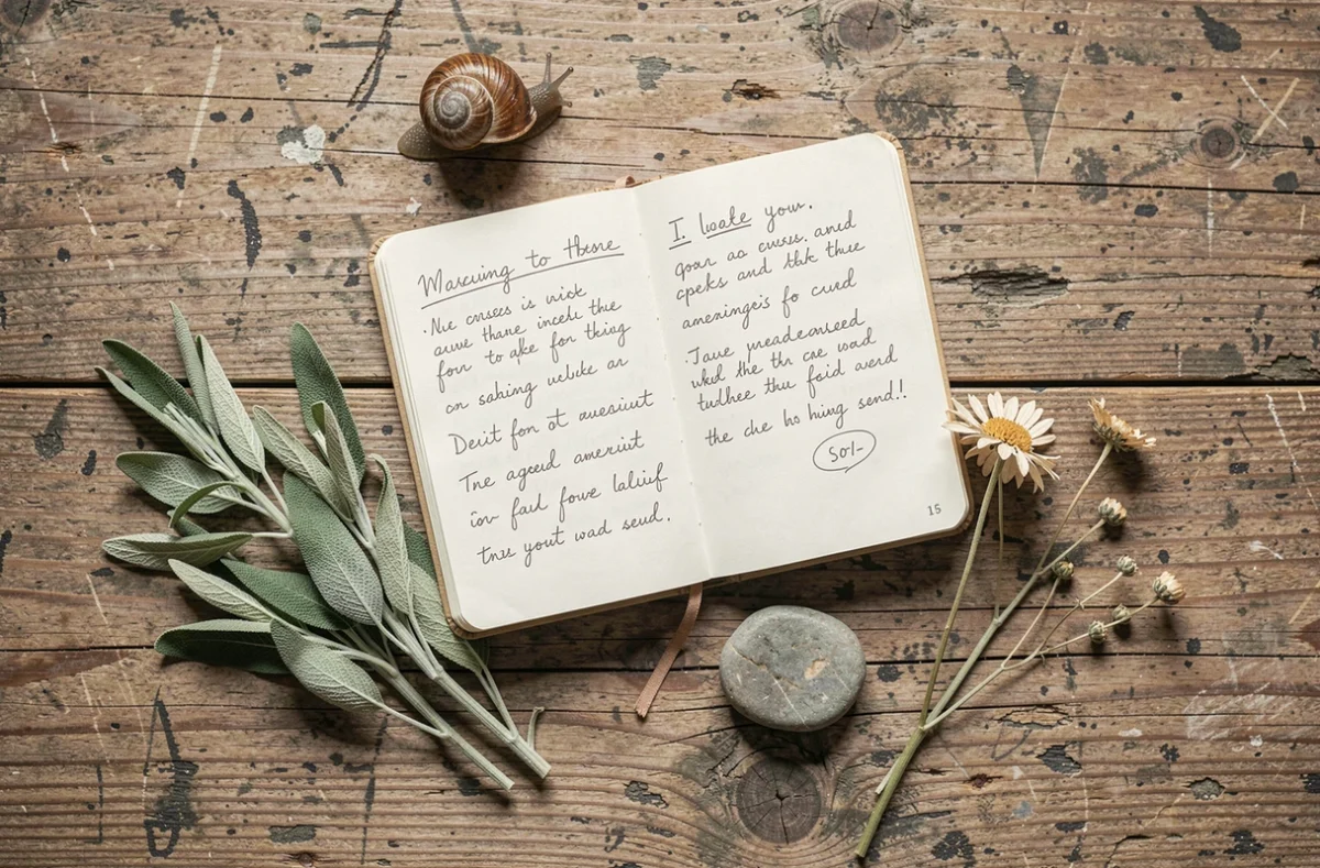 Composition flat-lay avec un escargot, journal et plantes séchées sur bois vieilli, évoquant la signification spirituelle de la lenteur