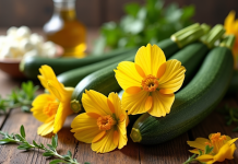 Fleurs de zucchini fraîches sur une table en bois rustique