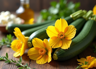 L’art de cuisiner les fleurs de courgette : des recettes savoureuses Fleurs de zucchini fraîches sur une table en bois rustique