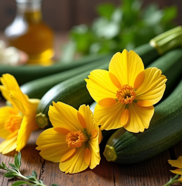 L’art de cuisiner les fleurs de courgette : des recettes savoureuses Fleurs de zucchini fraîches sur une table en bois rustique