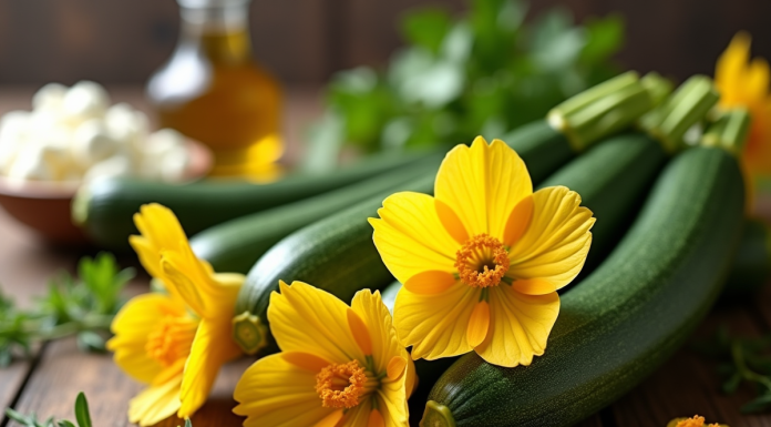 Fleurs de zucchini fraîches sur une table en bois rustique