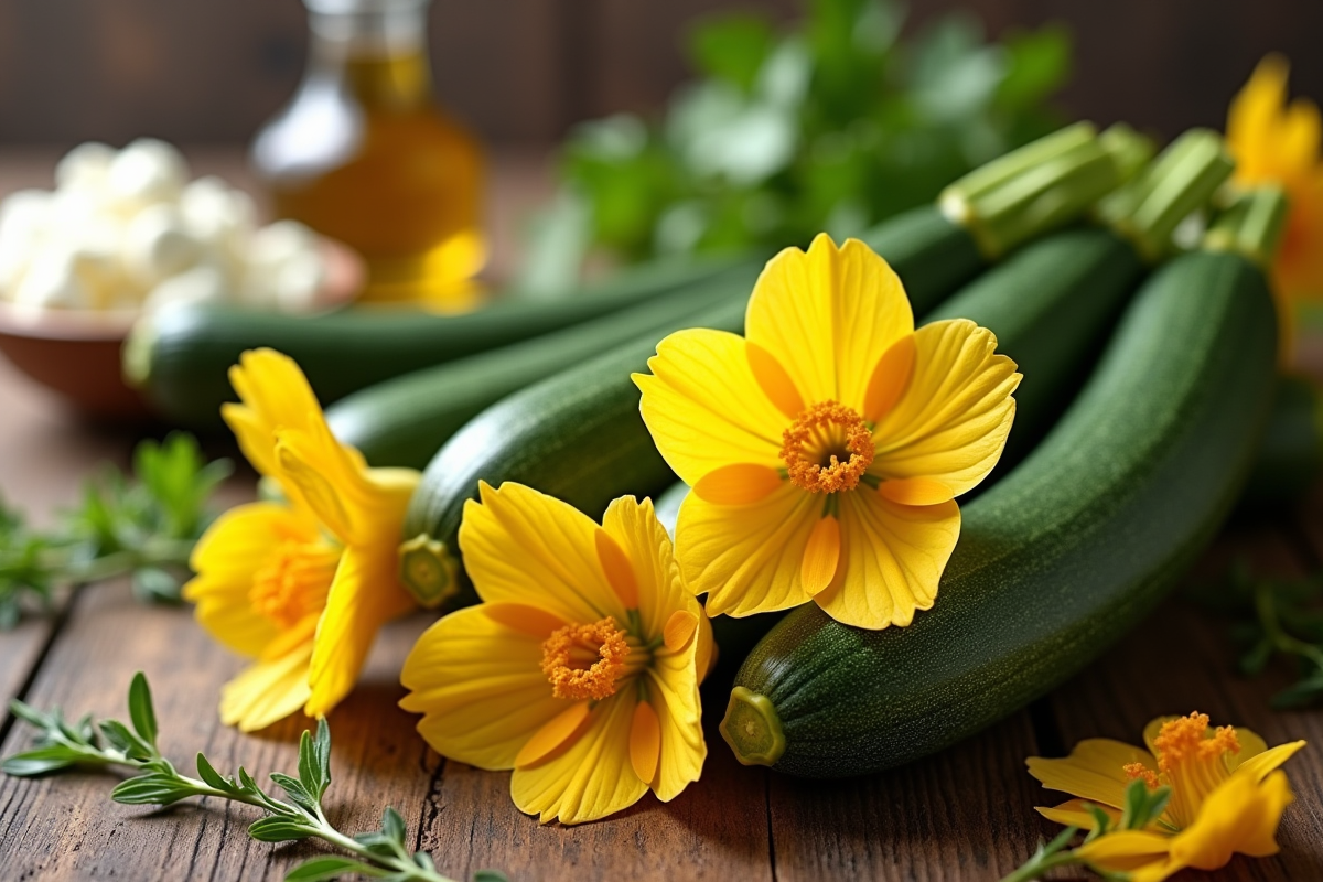 Fleurs de zucchini fraîches sur une table en bois rustique