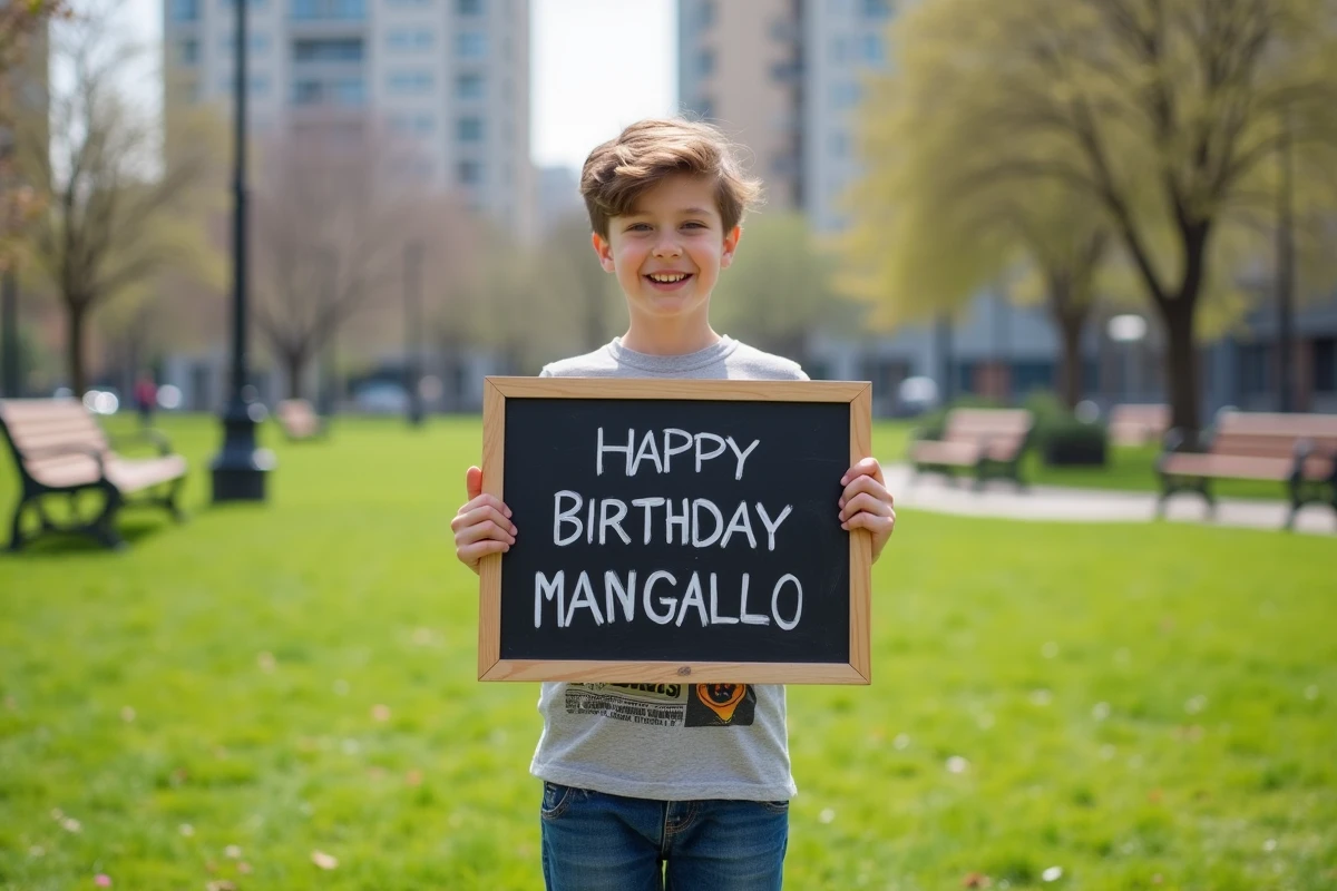 Adolescent souriant avec panneau d anniversaire en plein air