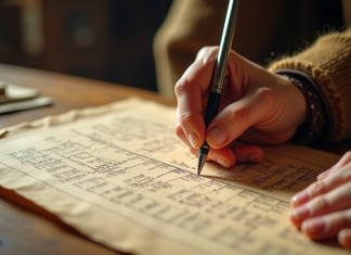 Comment lire l’arbre généalogique des dieux grecs ? Mains d'un érudit retraçant un arbre généalogique grec ancien sur parchemin