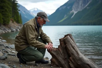 Géologue à Lituya Bay observant un tronc d'arbre déchiré