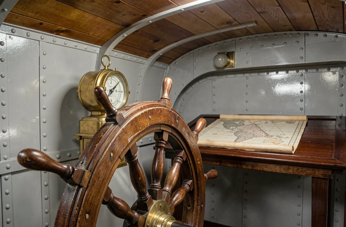 Détail de la roue de gouvernail en bois et laiton d'une frégate historique visitée à la base navale de Toulon