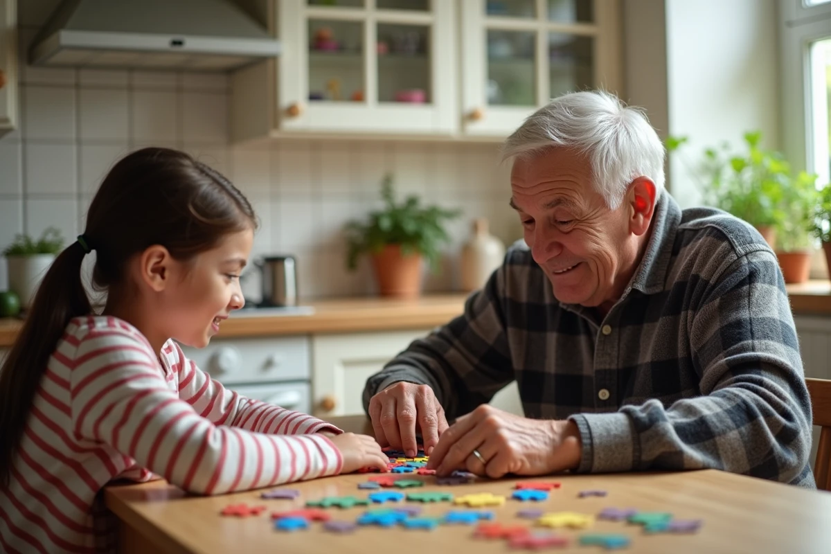 Grand-père et petite-fille assemblant un puzzle ensemble à la table de la cuisine, moment intergénérationnel de jeu en famille