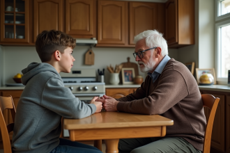 Jeune garçon et grand-pere discutant dans la cuisine chaleureuse
