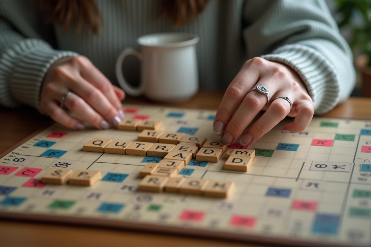 Gros plan sur un plateau de Scrabble en cours de partie avec des mots inhabituels formés par des lettres en bois, mains d'une femme posant une tuile