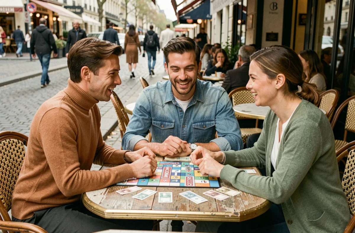 Groupe d'amis jouant au Monopoly en terrasse de café parisien, illustrant une stratégie conviviale pour accéder au Tycoon Club Monopoly sans trop dépenser