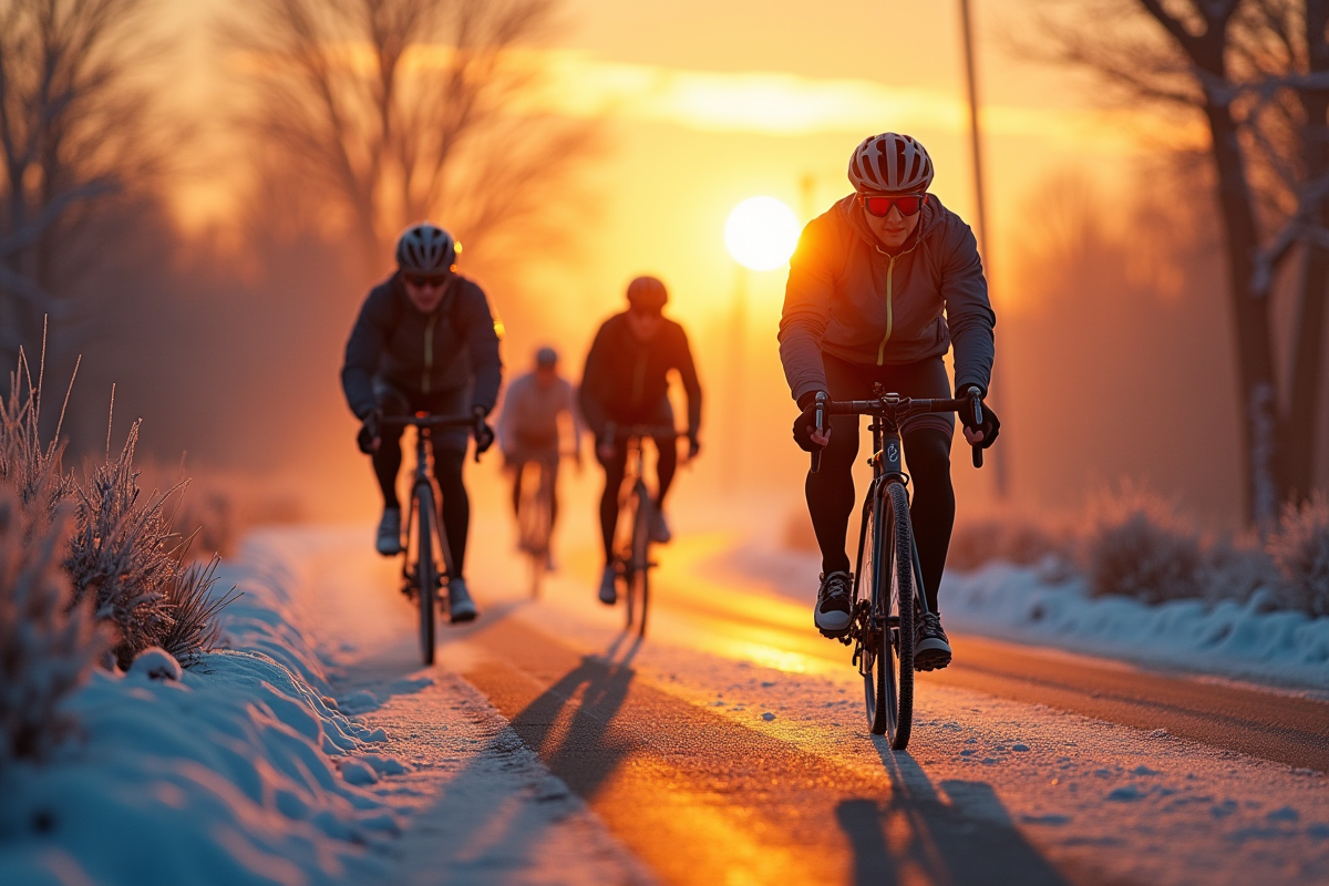 Groupe de cyclistes sur route gelée au lever du soleil