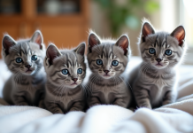 Groupe de chatons gris de différentes races sur une couverture blanche