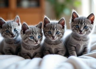 Groupe de chatons gris de différentes races sur une couverture blanche