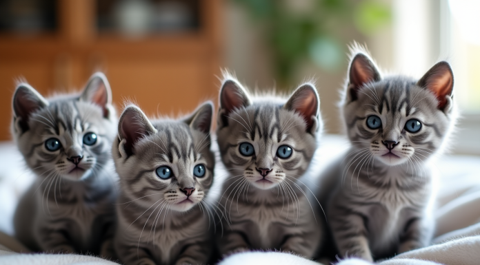 Groupe de chatons gris de différentes races sur une couverture blanche