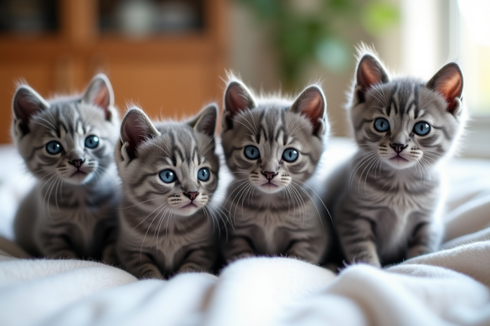 groupe-de-chatons-gris-differents Groupe de chatons gris de différentes races sur une couverture blanche
