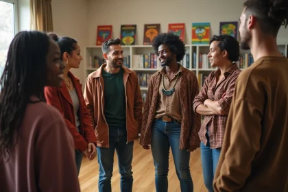 Groupe de personnes diverses en discussion dans un centre communautaire