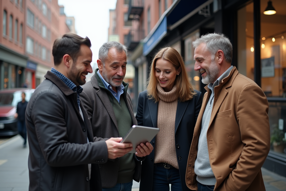 Groupe de commerçants discutant stratégie digitale en ville