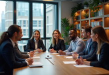 Groupe de professionnels en réunion dans un bureau moderne