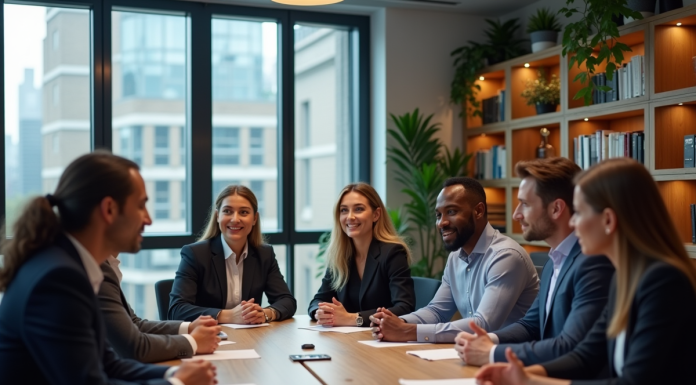 Groupe de professionnels en réunion dans un bureau moderne