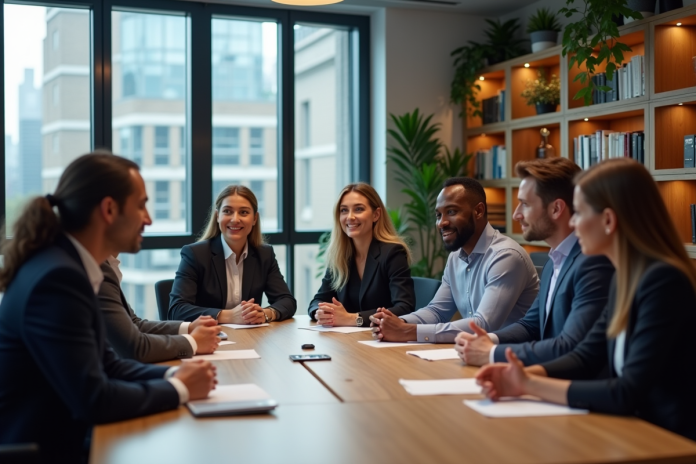 Groupe de professionnels en réunion dans un bureau moderne