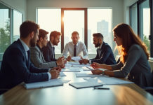 Groupe de professionnels dans un bureau lumineux pour l'article