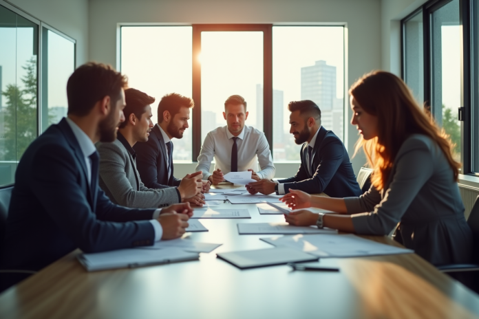 groupe-professionnels-bureau Groupe de professionnels dans un bureau lumineux pour l'article