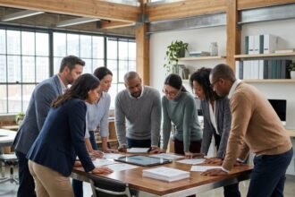 Professionnels en réunion discutant de solutions numériques pour optimiser les processus d'entreprise