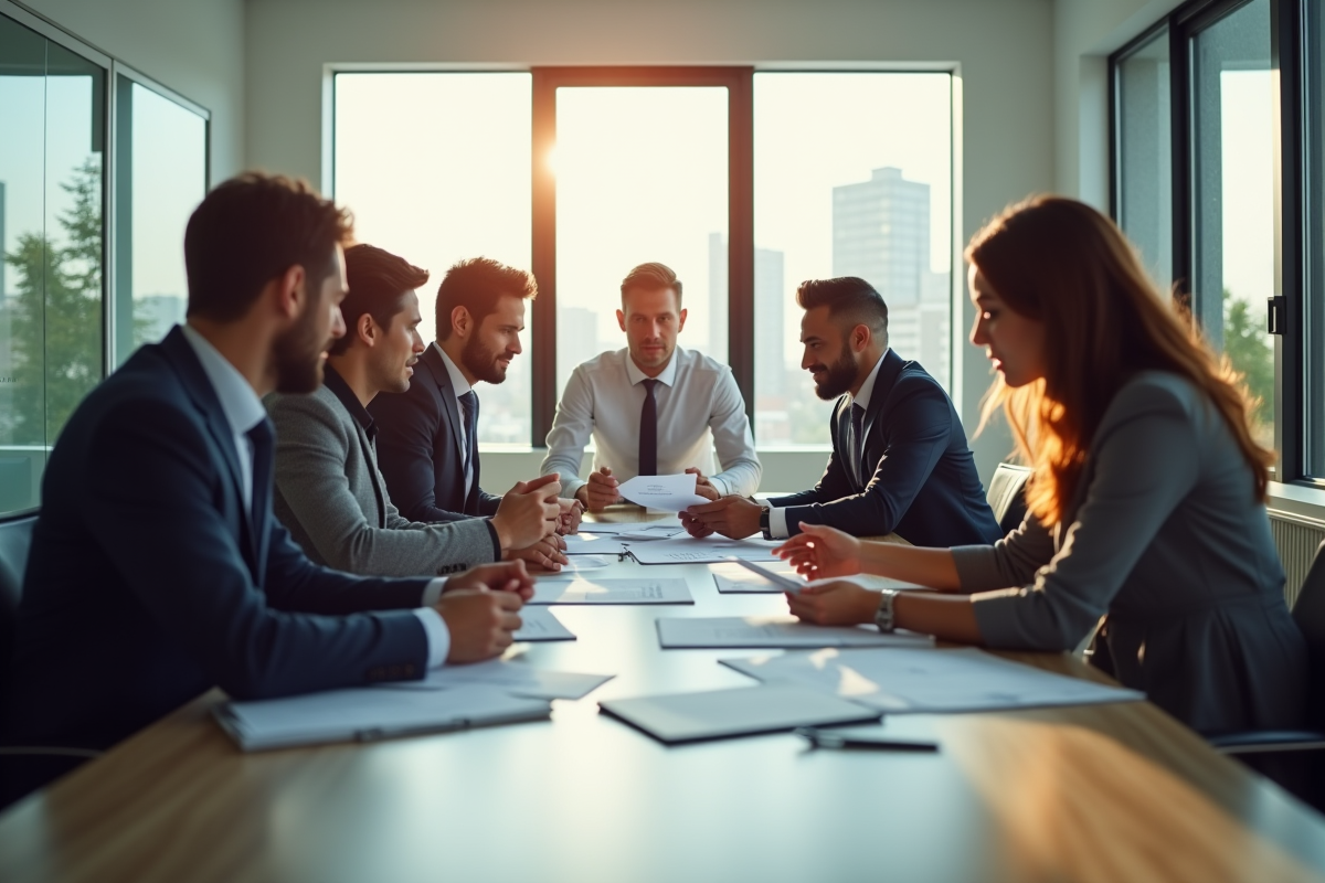 Groupe de professionnels dans un bureau lumineux pour l'article