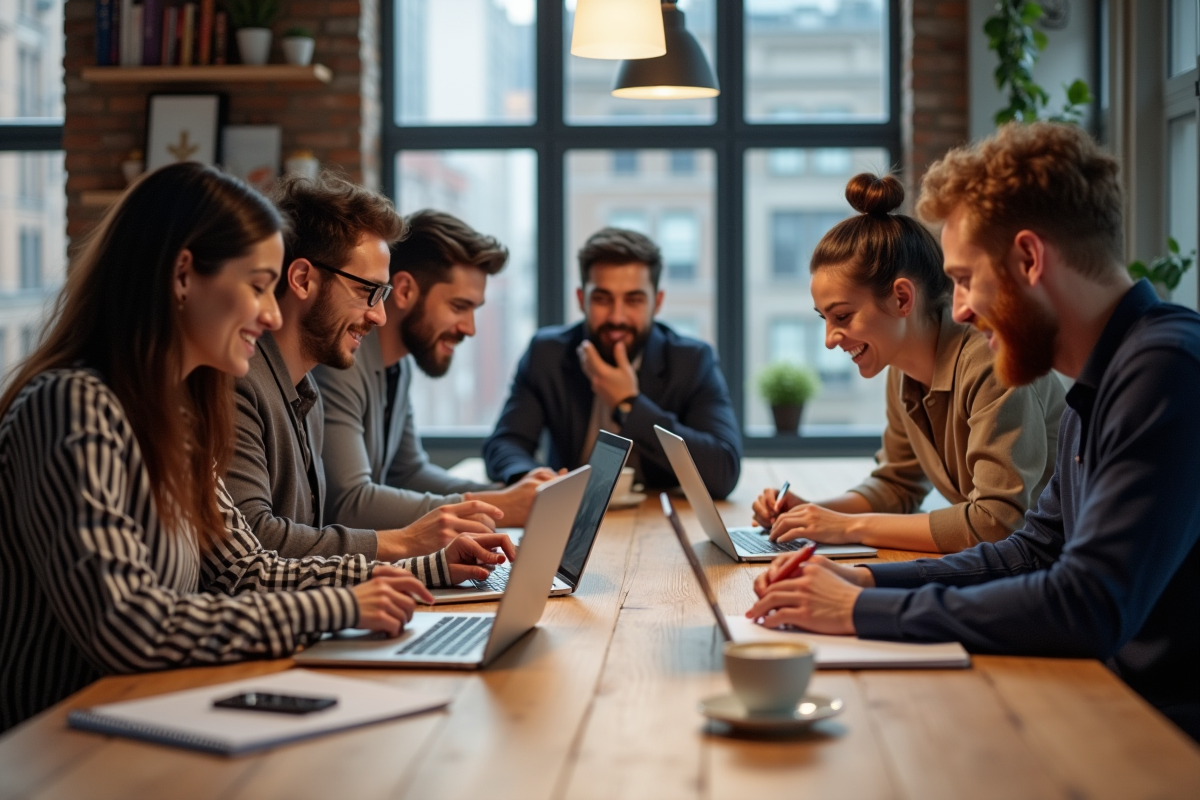 Groupe de jeunes professionnels discutant en coworking