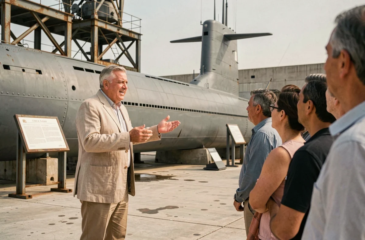 Guide touristique expliquant l'histoire d'un sous-marin désarmé aux visiteurs de la base navale de Toulon