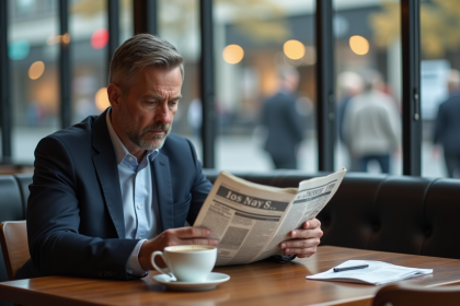 Homme d'affaires lisant un journal financier dans un café moderne