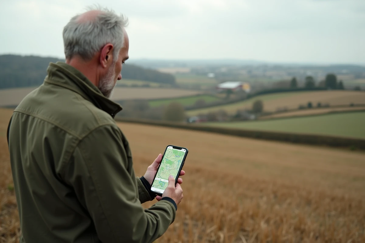 Homme consultant le cadastre Géoportail sur smartphone lors d'une visite de parcelle agricole en milieu rural