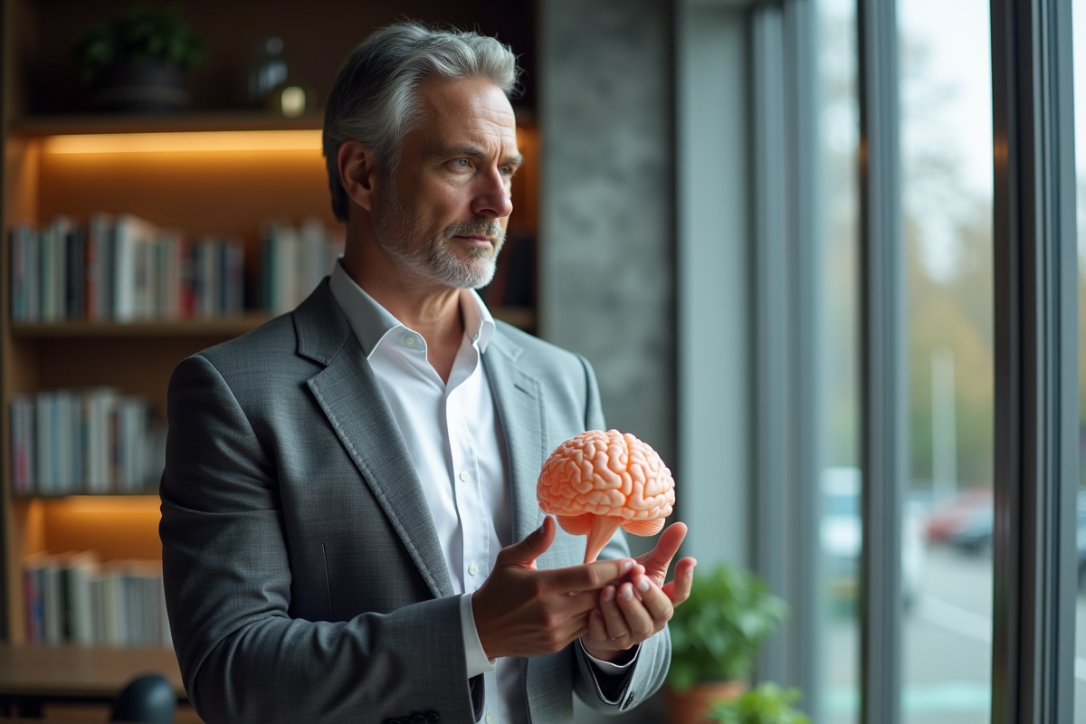 Homme tenant un modèle de cerveau dans un bureau