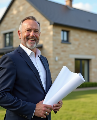 Homme confiant avec plans devant maison moderne neuve