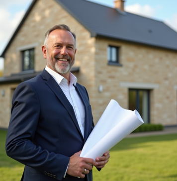 Constructeur maisons individuelles France : qui est le numéro 1 ? Homme confiant avec plans devant maison moderne neuve
