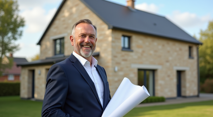 Homme confiant avec plans devant maison moderne neuve