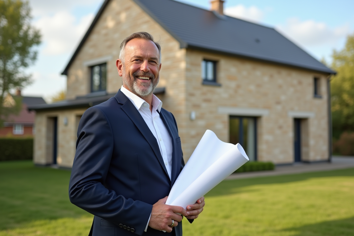 Homme confiant avec plans devant maison moderne neuve