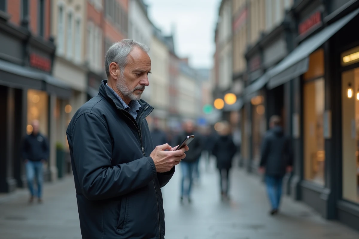 Homme consultant son téléphone pour trouver un voyant fiable en urgence dans la rue