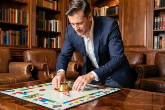 Homme élégant en blazer marine penché sur un plateau de jeu Monopoly dans un salon privé luxueux, symbolisant l'accès au Tycoon Club Monopoly