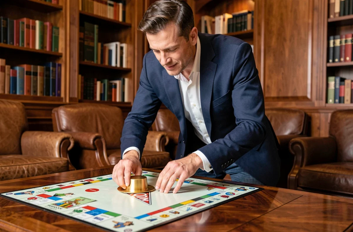 Homme élégant en blazer marine penché sur un plateau de jeu Monopoly dans un salon privé luxueux, symbolisant l'accès au Tycoon Club Monopoly