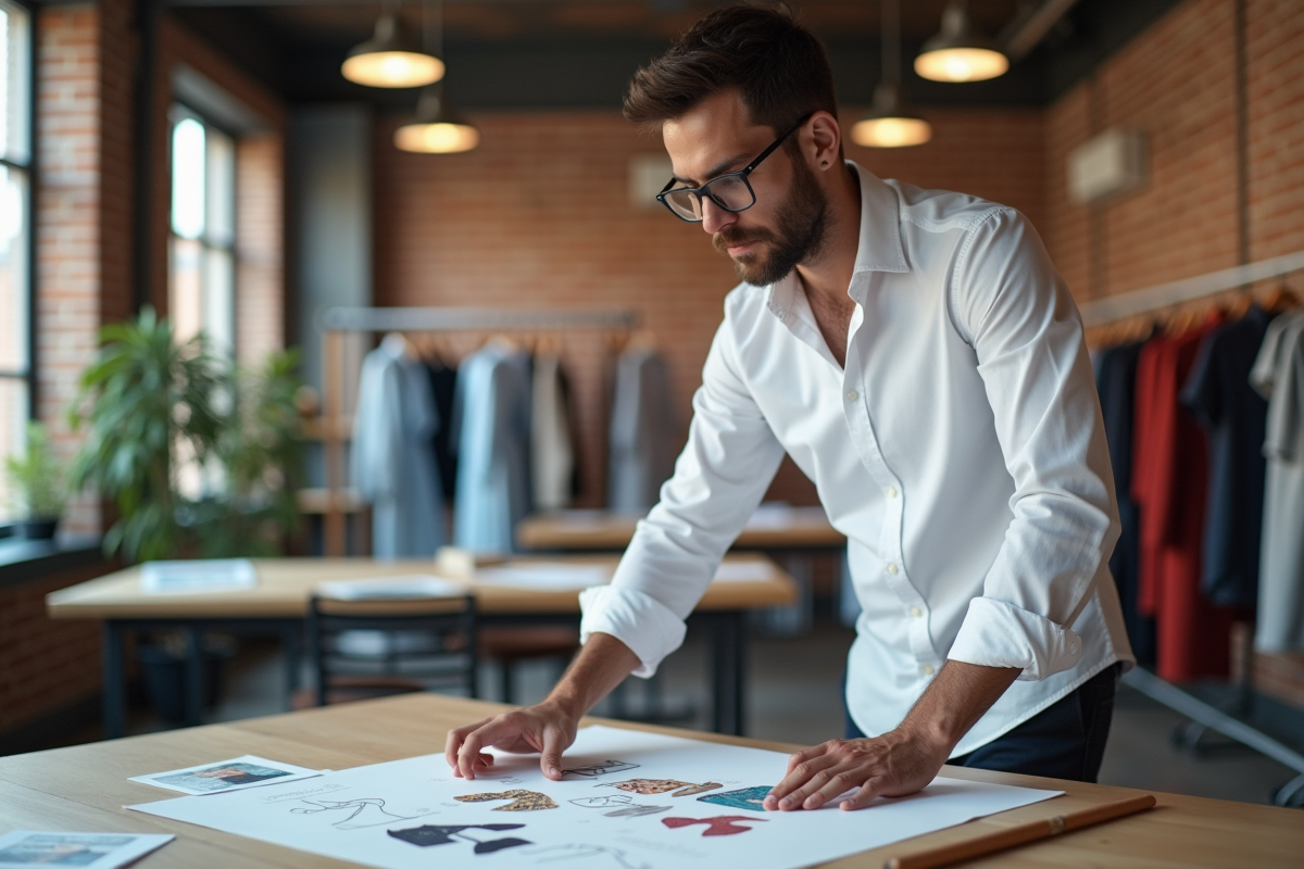 Homme examine échantillons de tissus et étiquettes