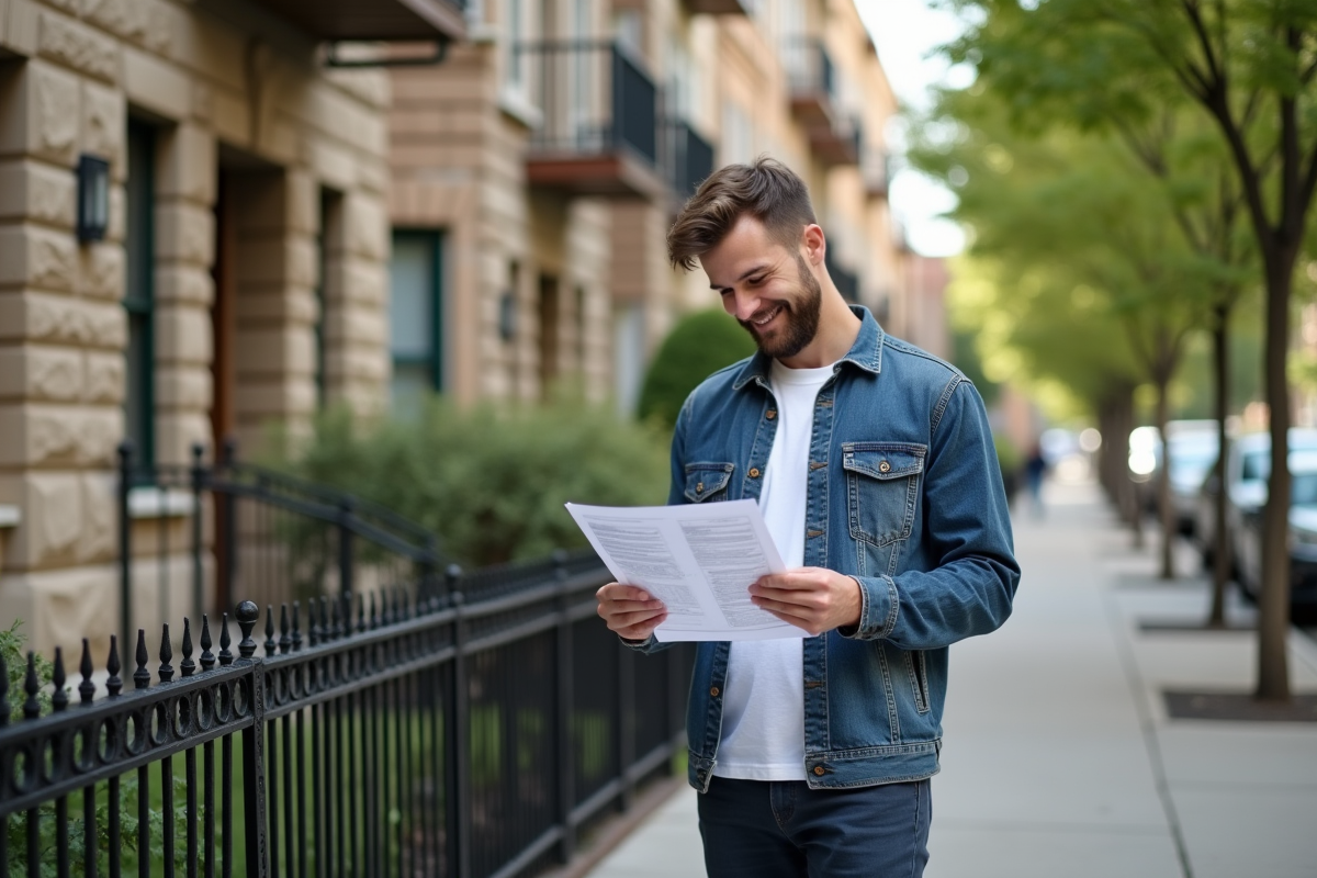 Homme détendu regardant évaluation immobilière dans rue urbaine