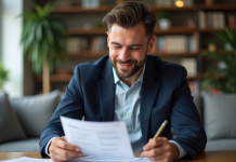 Investir 15000 euros en 2025 : placements rentables à considérer Homme confiant en blazer bleu examinant documents financiers à la maison