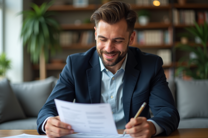 Homme confiant en blazer bleu examinant documents financiers à la maison