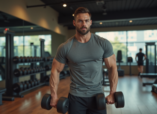 Maîtriser le curl marteau avec haltères pour des résultats optimaux Homme musclé faisant un curl marteau en salle de sport